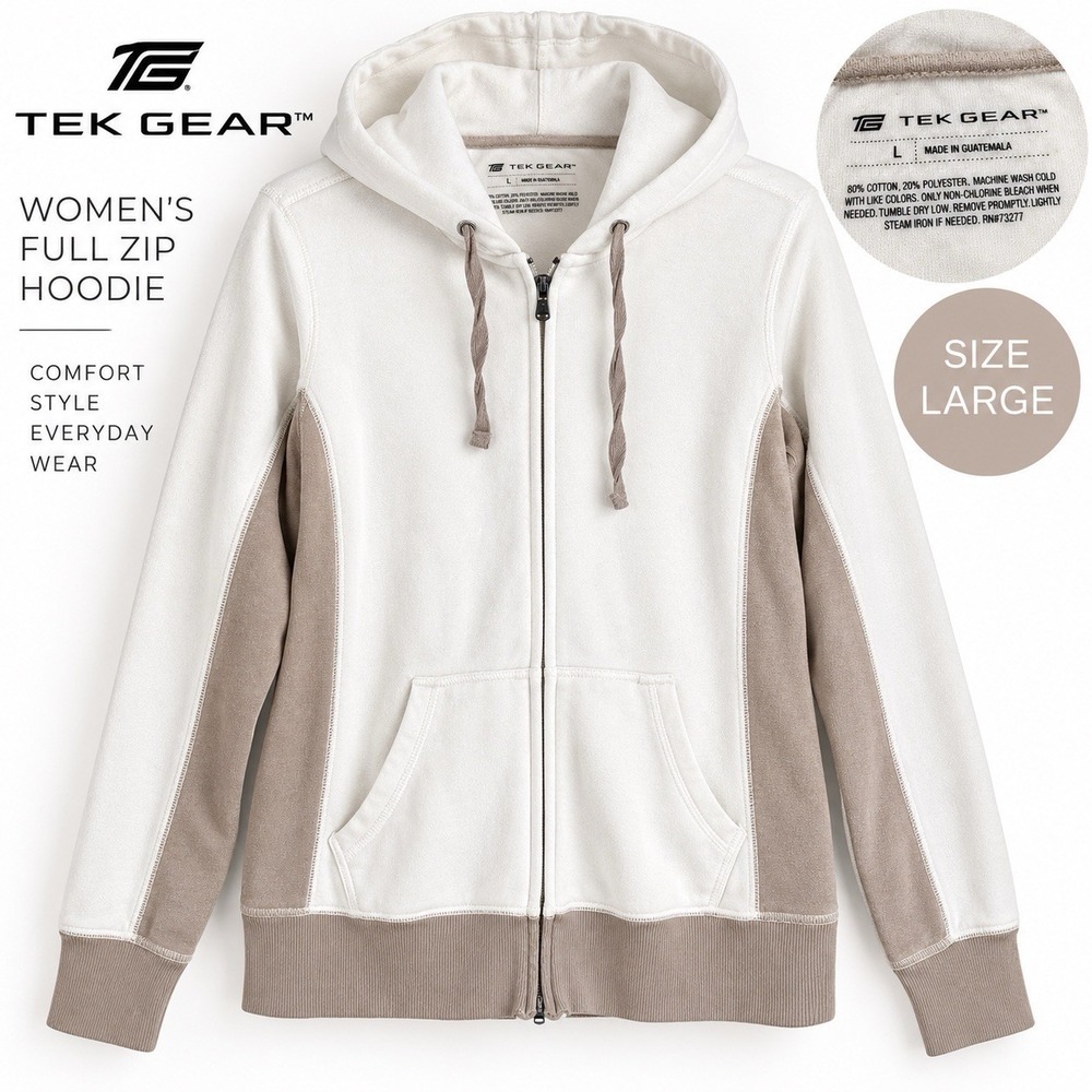 Tek Gear Womens Full Zip Hoodie Large White Taupe Colorblock Velour Sweatshirt